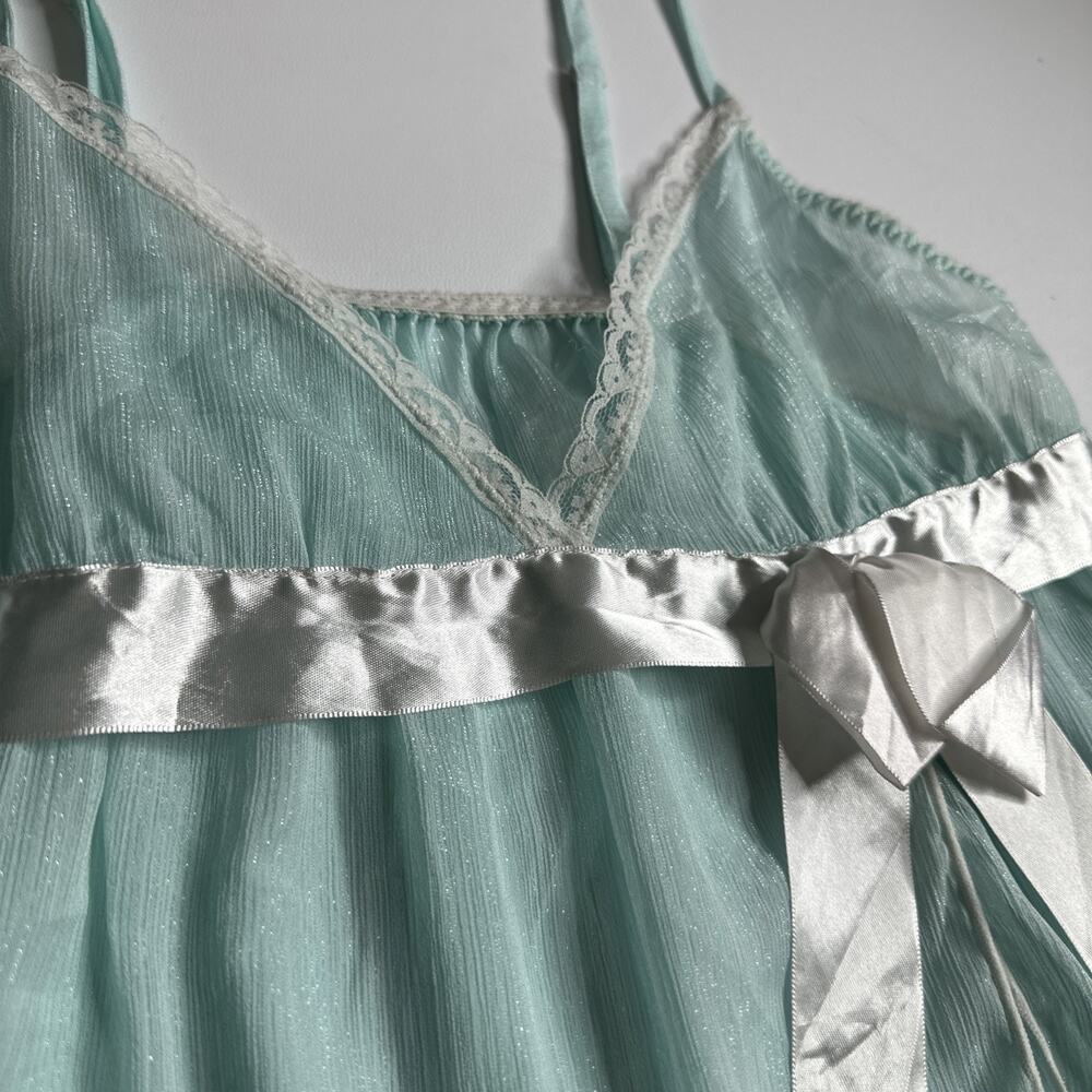 Y2K Sparkle Sheer Lace Slip Dress Blue Bow Lingerie Medium Angelcore Coquette - Picture 10 of 13